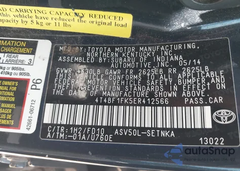 2014 Toyota Camry Le из США, поврежденный, VIN 4T4BF1FK5ER412566